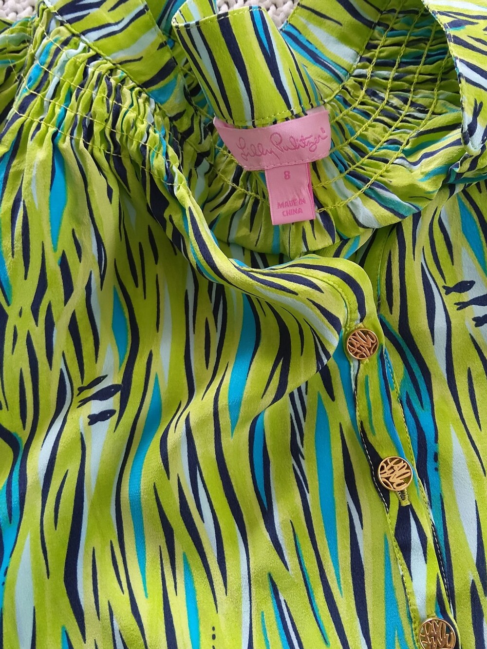 Lilly Pulitzer Vibrant Green  Blue Seaweed Fish Print Silk Blouse Size 8